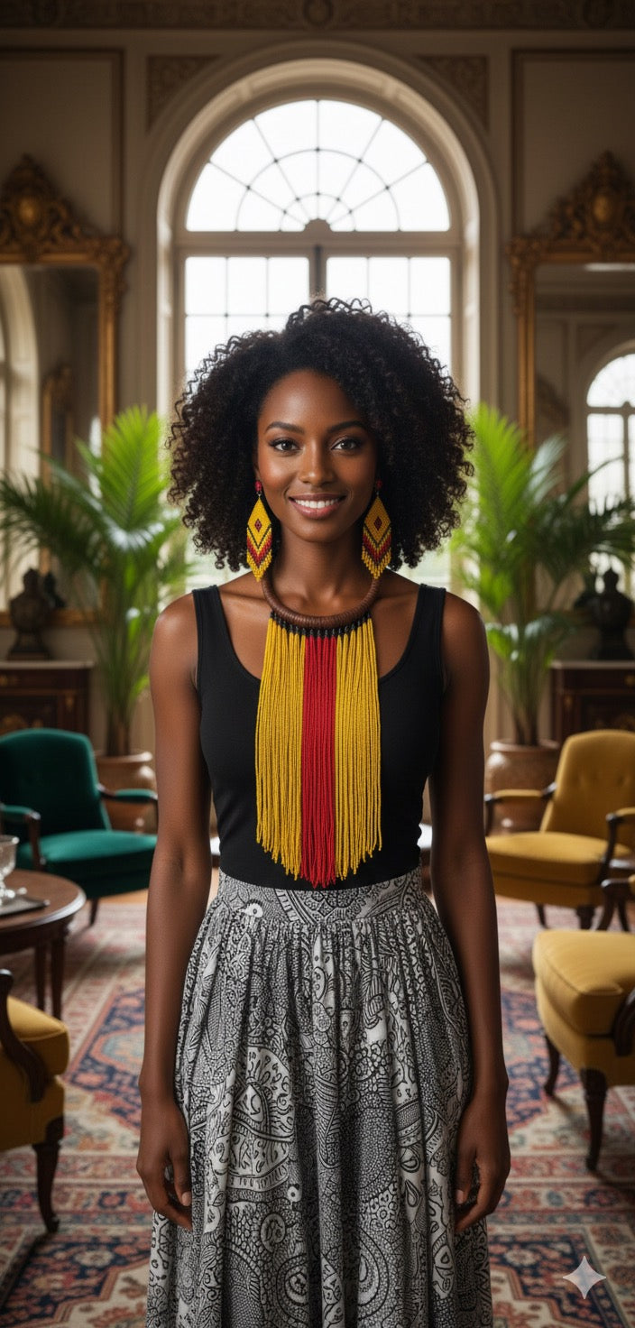 African Authentic Long Pendant Necklace Bead/Leather