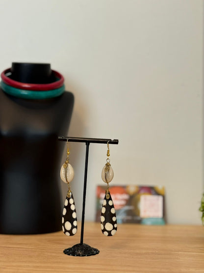 Handmade Unique Earrings – Wood, Cowries & Beads